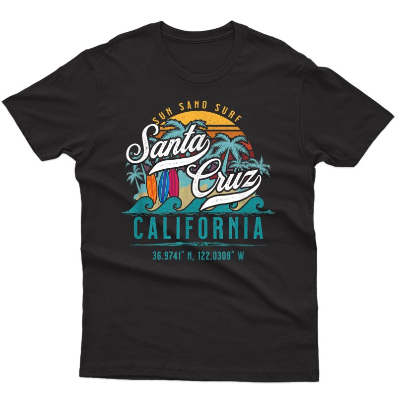 Retro Santa Cruz Beach California Sun Sand Surf Palm Trees T-shirt